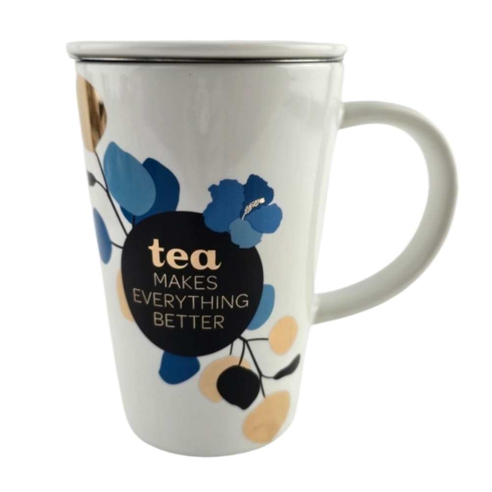 David's Tea Mug Infuser Lid "Tea Makes Everything Better" White Blue Gold Floral